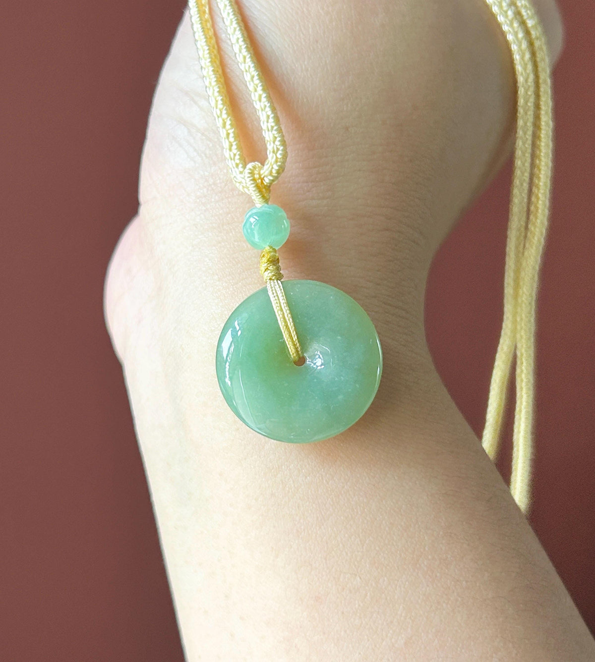 Natural Jadeite Donut Pendant Adjustable Necklace Burmese Type A Translucent Fine Glutinous Icy Yellowish Green Jade 23.5 x 5.1mm