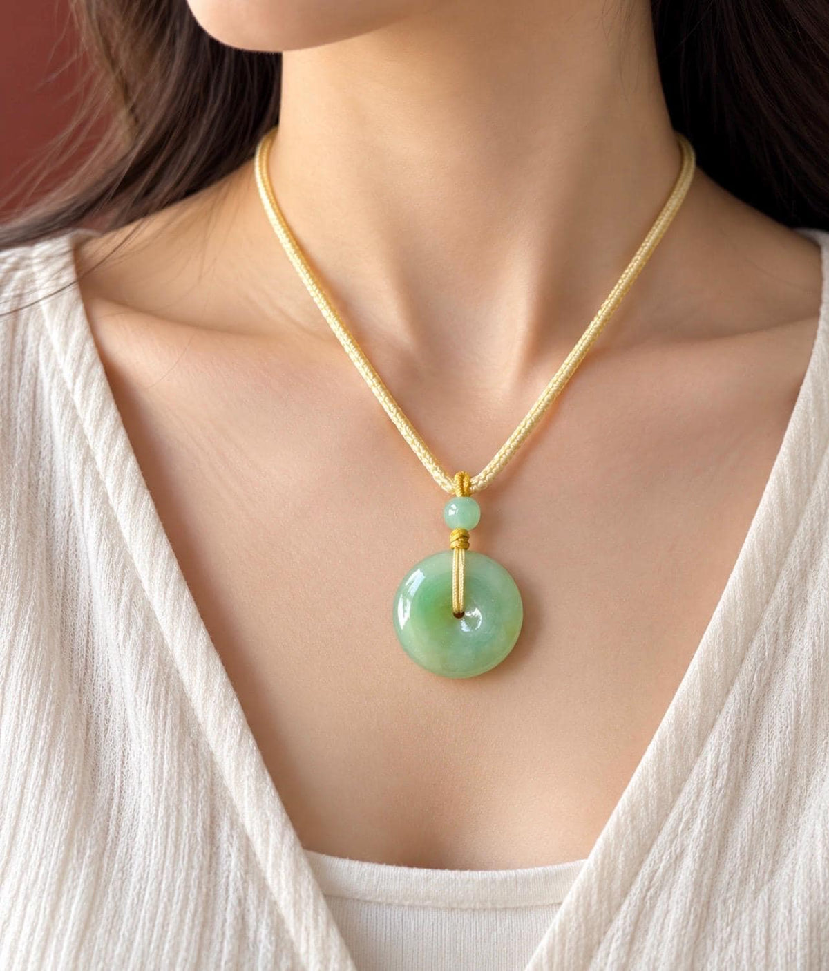 Natural Jadeite Donut Pendant Adjustable Necklace Burmese Type A Translucent Fine Glutinous Icy Yellowish Green Jade 23.5 x 5.1mm