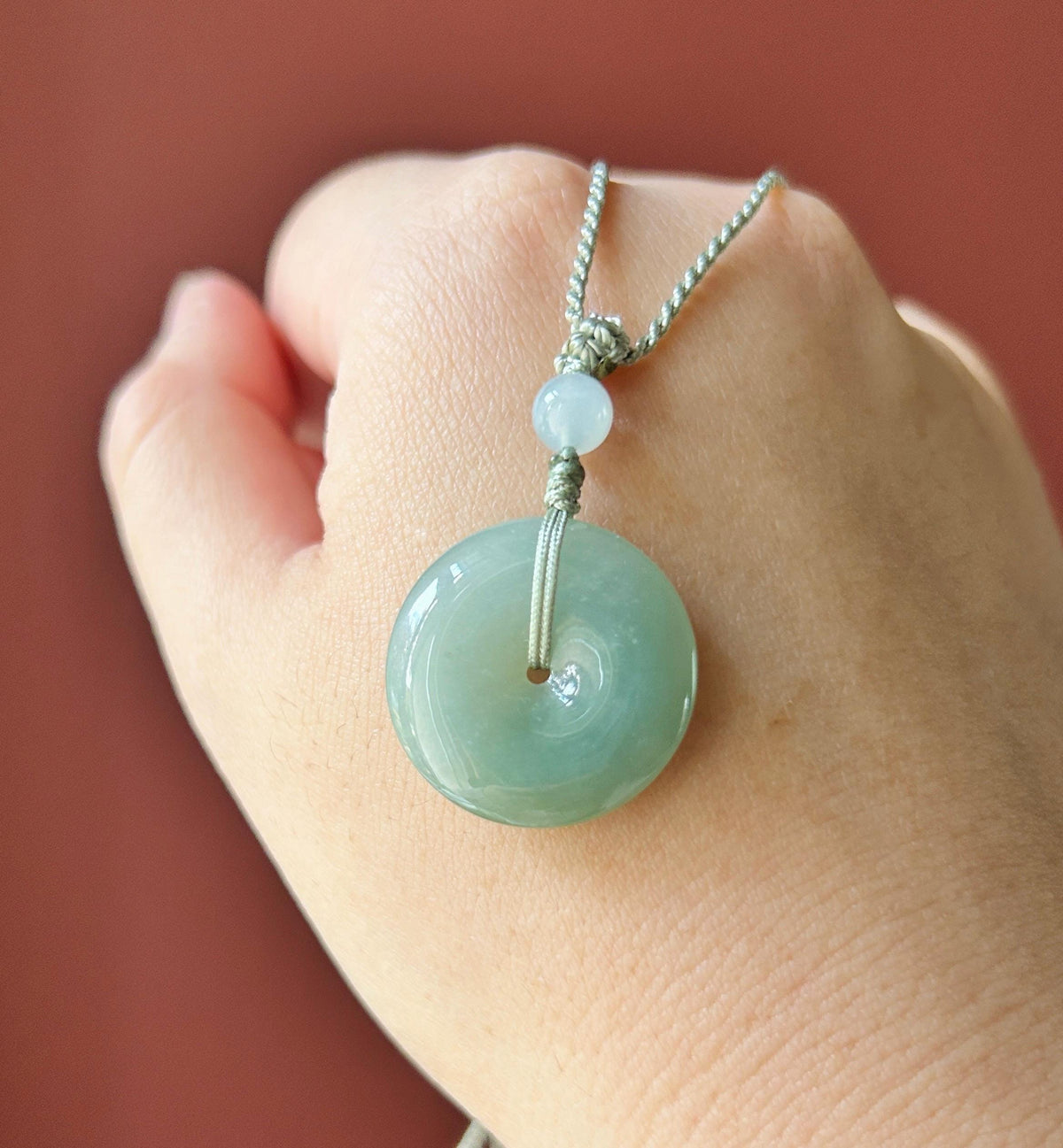 Natural Jadeite Donut Pendant Adjustable Necklace Burmese Type A Translucent Fine Glutinous Icy Bluish Green Jade 23 x 5.1mm