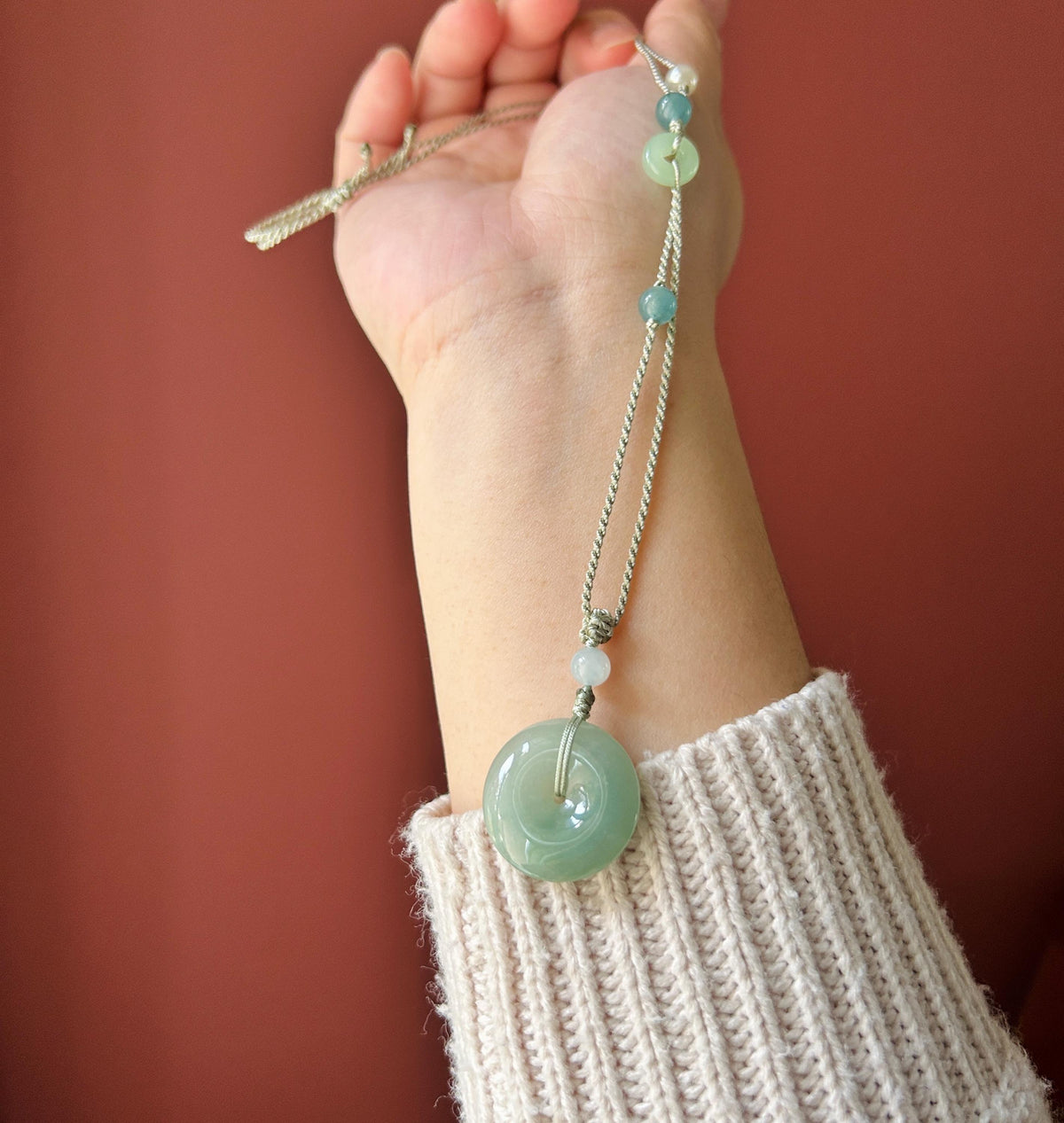 Natural Jadeite Donut Pendant Adjustable Necklace Burmese Type A Translucent Fine Glutinous Icy Bluish Green Jade 23 x 5.1mm