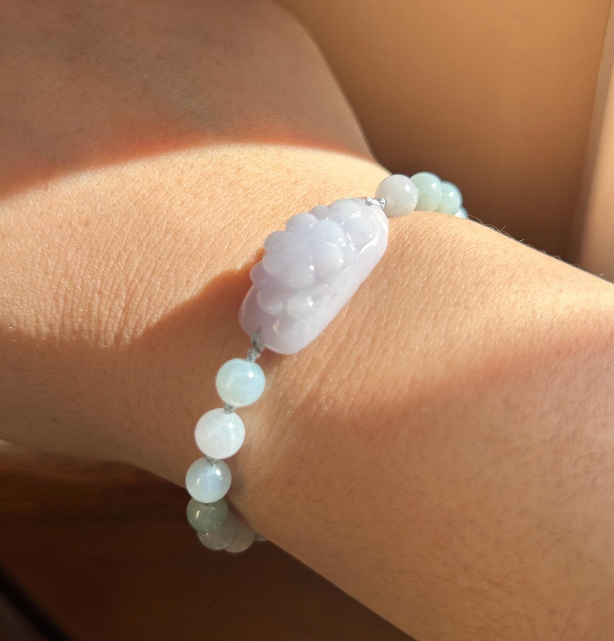 Natural Jadeite Floral Plaque Braided Bracelet Burmese Type A Translucent Fine Glutinous Icy Lavender, Blue, & White Jade