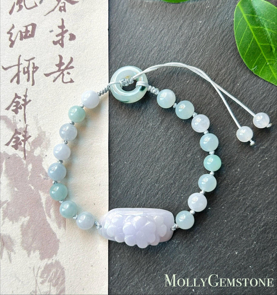 Natural Jadeite Floral Plaque Braided Bracelet Burmese Type A Translucent Fine Glutinous Icy Lavender, Blue, & White Jade