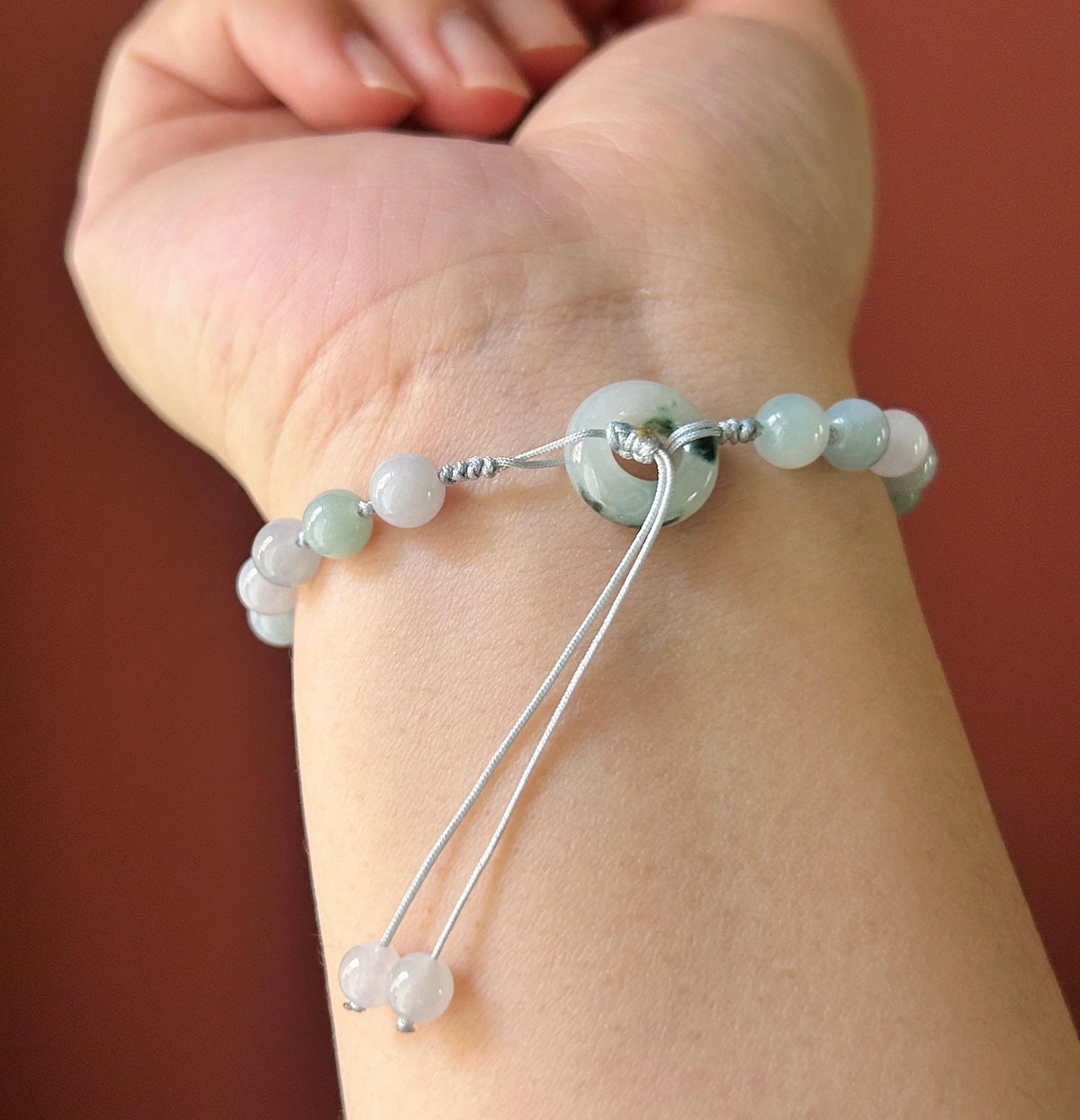 Natural Jadeite Floral Plaque Braided Bracelet Burmese Type A Translucent Fine Glutinous Icy Lavender, Blue, & White Jade