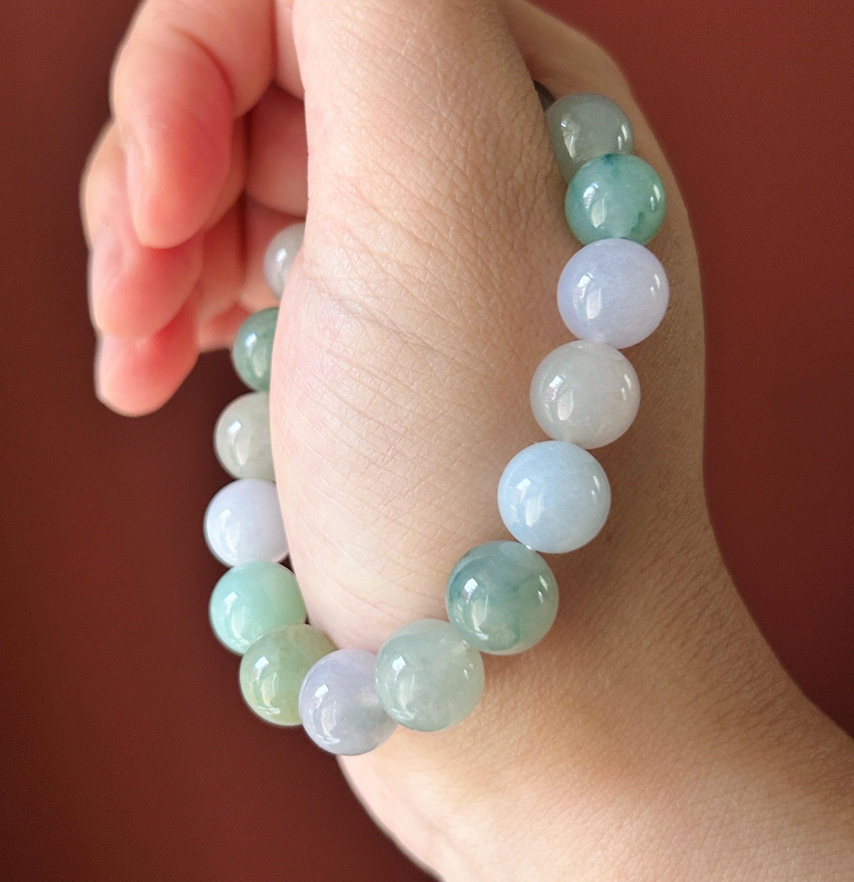 Natural Burmese Jadeite Bracelet Type A, Icy Glutinous Translucent RARE Dusty Rose & Pastel Multicolor Jade, 11mm Beads