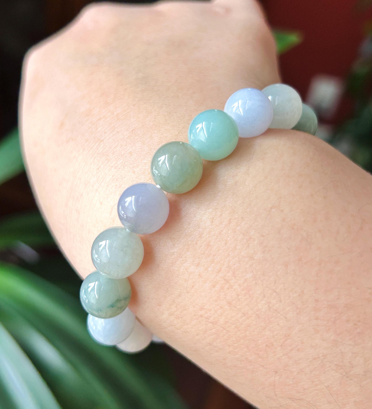 Natural Burmese Jadeite Bracelet Type A, Icy Glutinous Translucent RARE Dusty Rose & Pastel Multicolor Jade, 11mm Beads