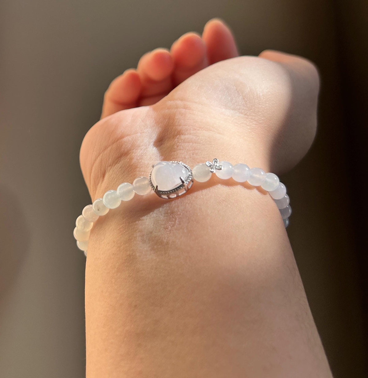 Natural Burmese Jadeite Bracelet Type A, Highly Translucent Icy White Jade, 5.6mm Beads, Lucky Hulu Charm in Sterling Silver