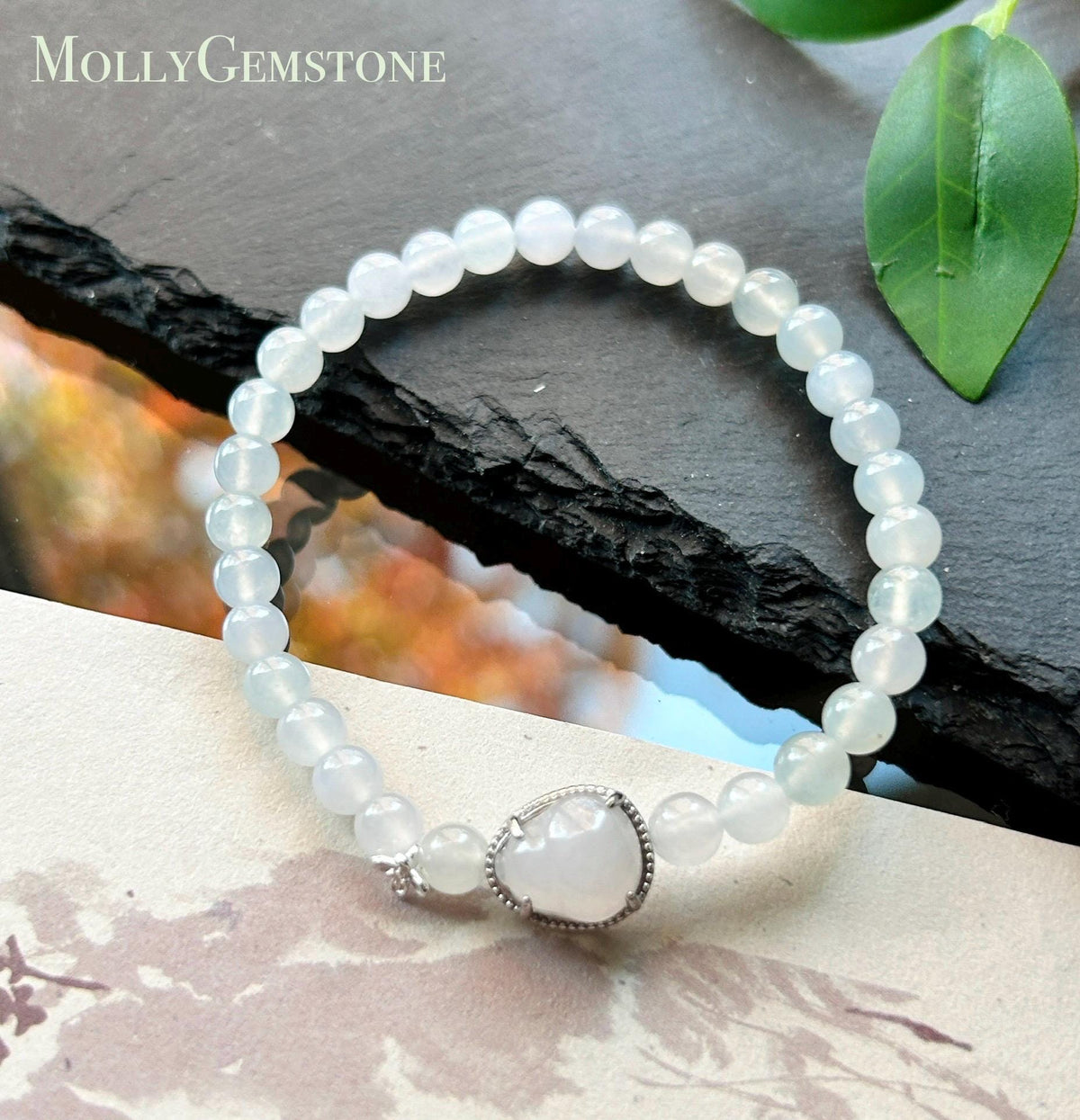 Natural Burmese Jadeite Bracelet Type A, Highly Translucent Icy White Jade, 5.6mm Beads, Lucky Hulu Charm in Sterling Silver