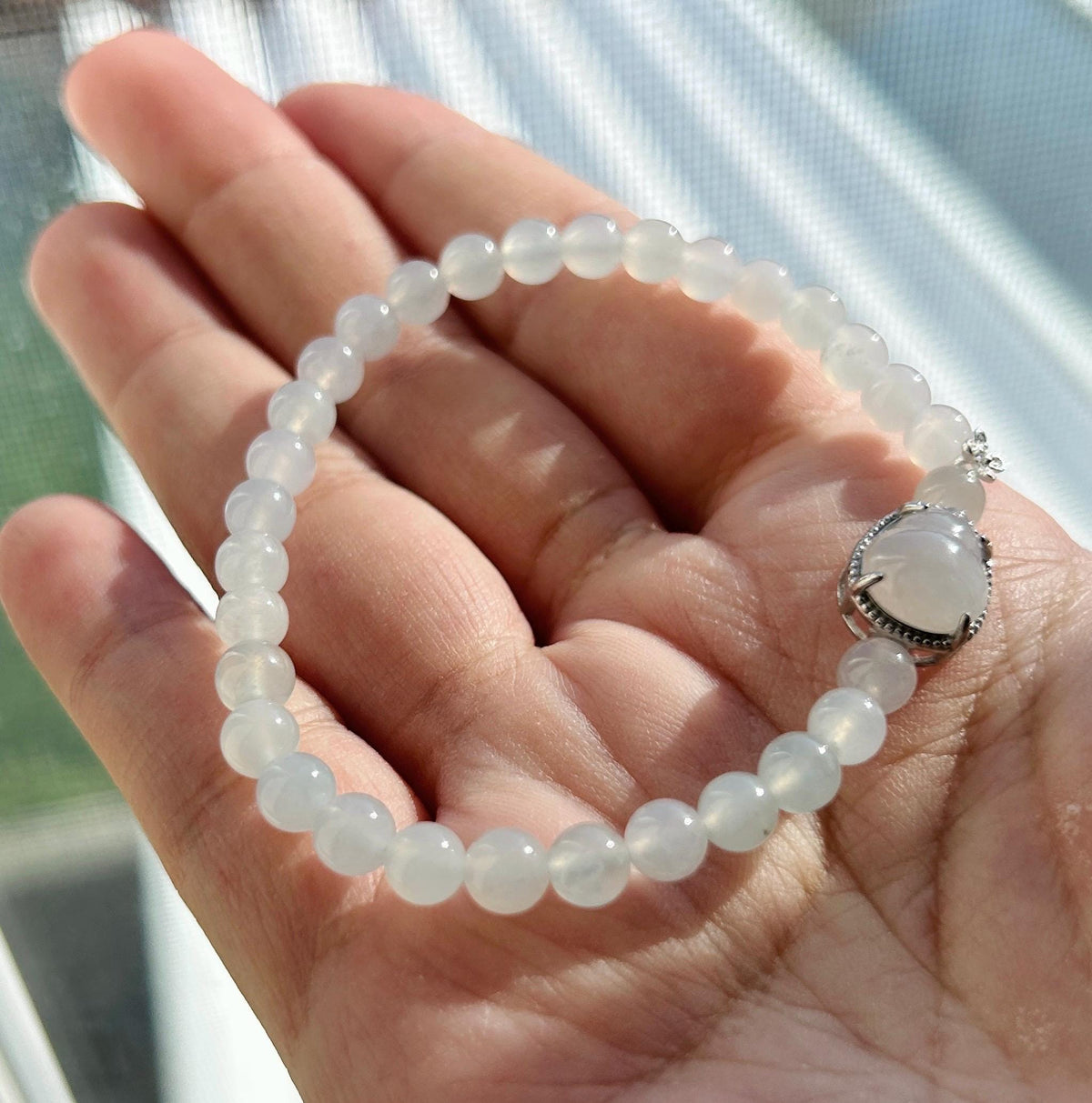 Natural Burmese Jadeite Bracelet Type A, Highly Translucent Icy White Jade, 5.6mm Beads, Lucky Hulu Charm in Sterling Silver