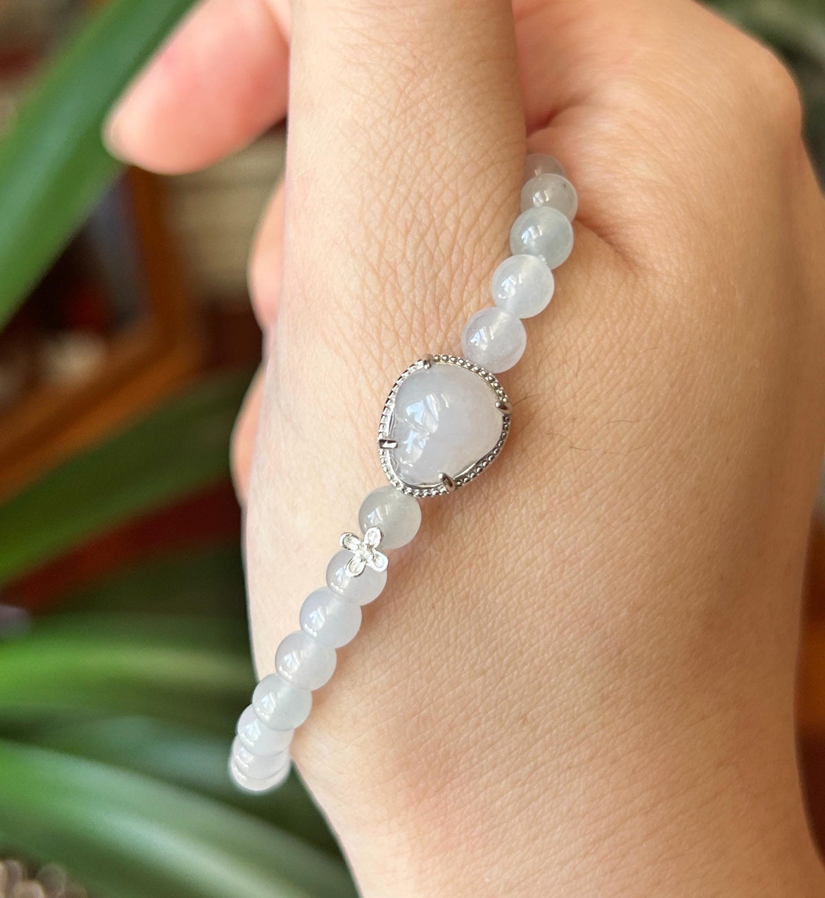 Natural Burmese Jadeite Bracelet Type A, Highly Translucent Icy White Jade, 5.6mm Beads, Lucky Hulu Charm in Sterling Silver