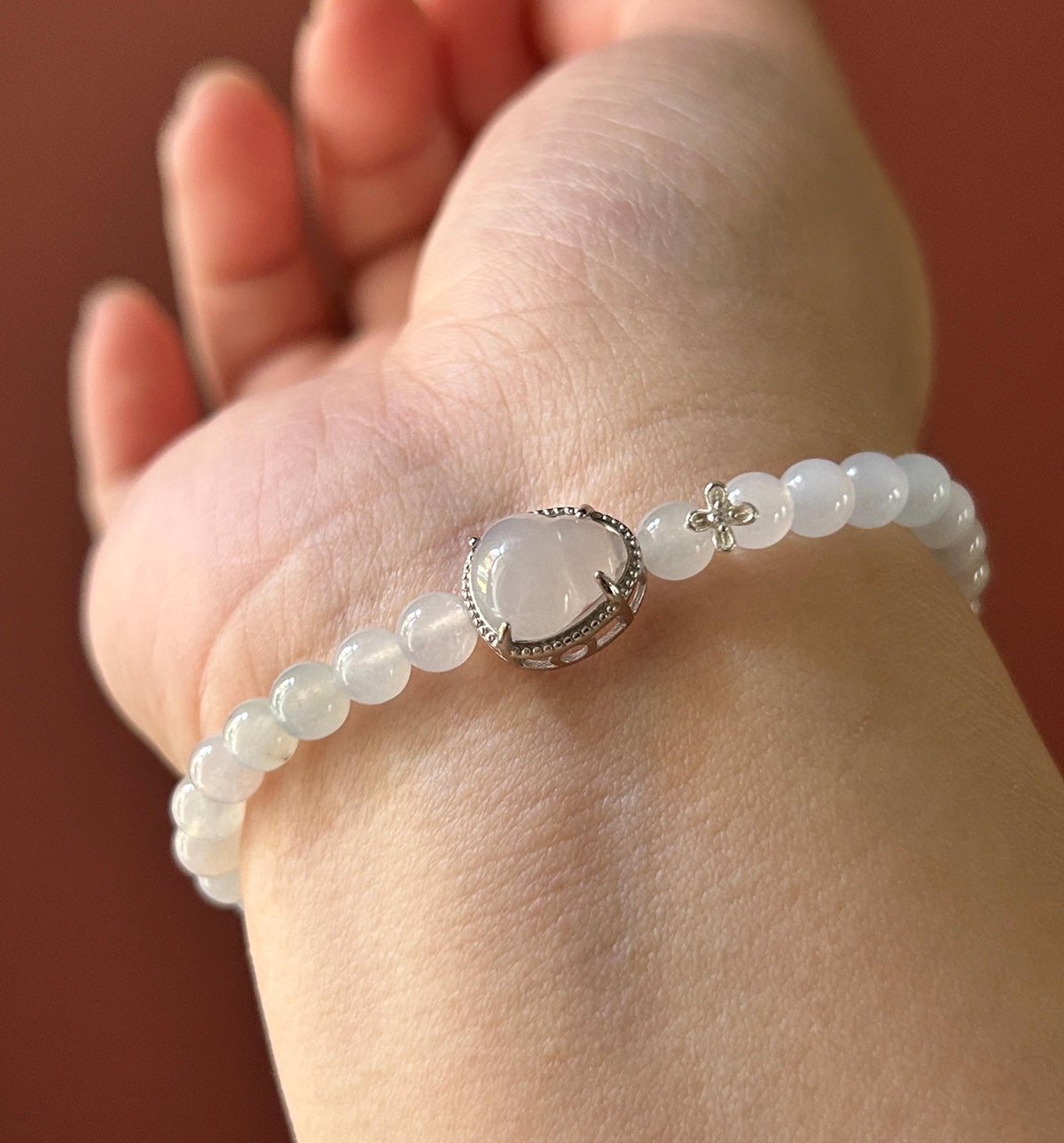 Natural Burmese Jadeite Bracelet Type A, Highly Translucent Icy White Jade, 5.6mm Beads, Lucky Hulu Charm in Sterling Silver