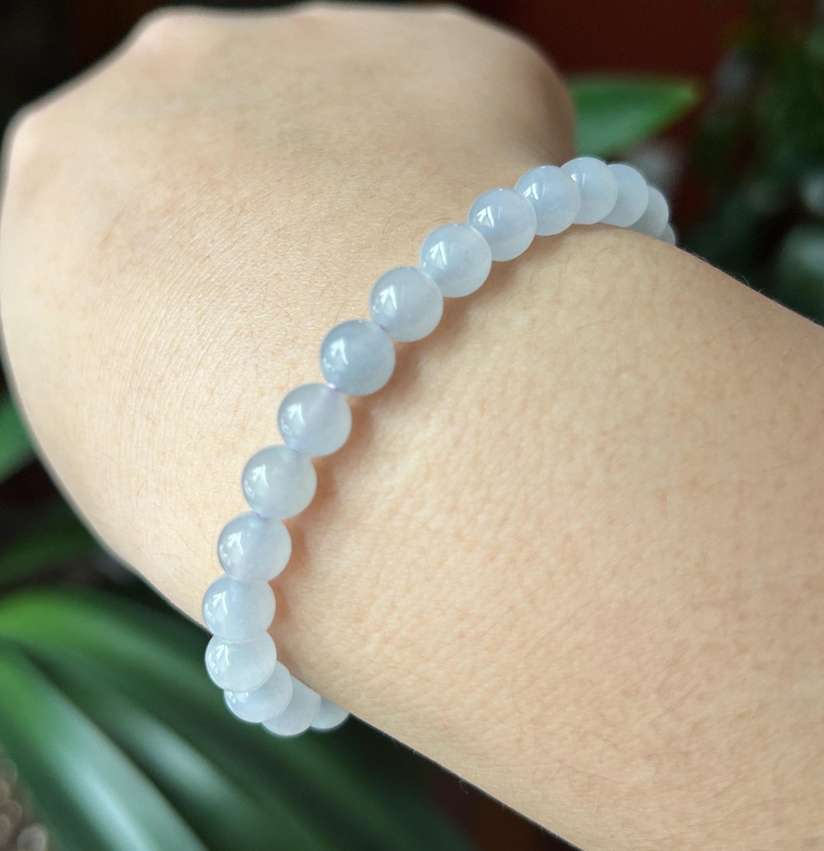 Natural Burmese Jadeite Bracelet Type A, Highly Translucent Icy Pale Blue Lavender Jade, 6.7mm Beads, Blueberry Color Freeform Focal Bead