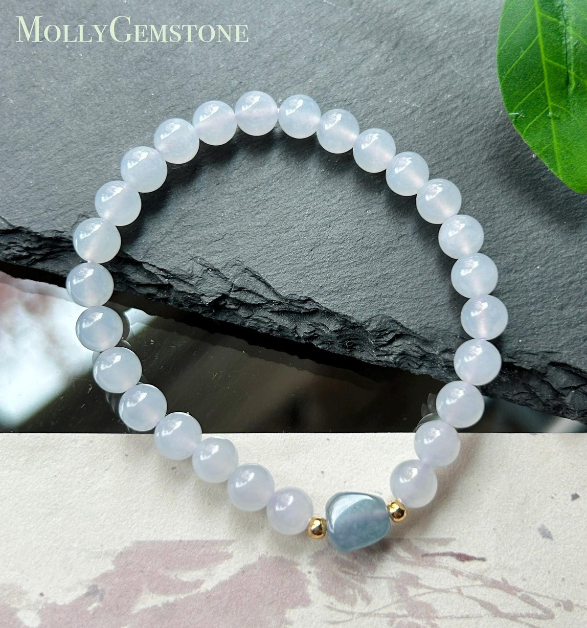 Natural Burmese Jadeite Bracelet Type A, Highly Translucent Icy Pale Blue Lavender Jade, 6.7mm Beads, Blueberry Color Freeform Focal Bead