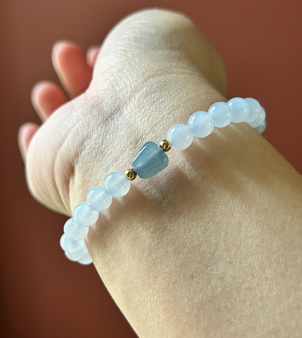 Natural Burmese Jadeite Bracelet Type A, Highly Translucent Icy Pale Blue Lavender Jade, 6.7mm Beads, Blueberry Color Freeform Focal Bead