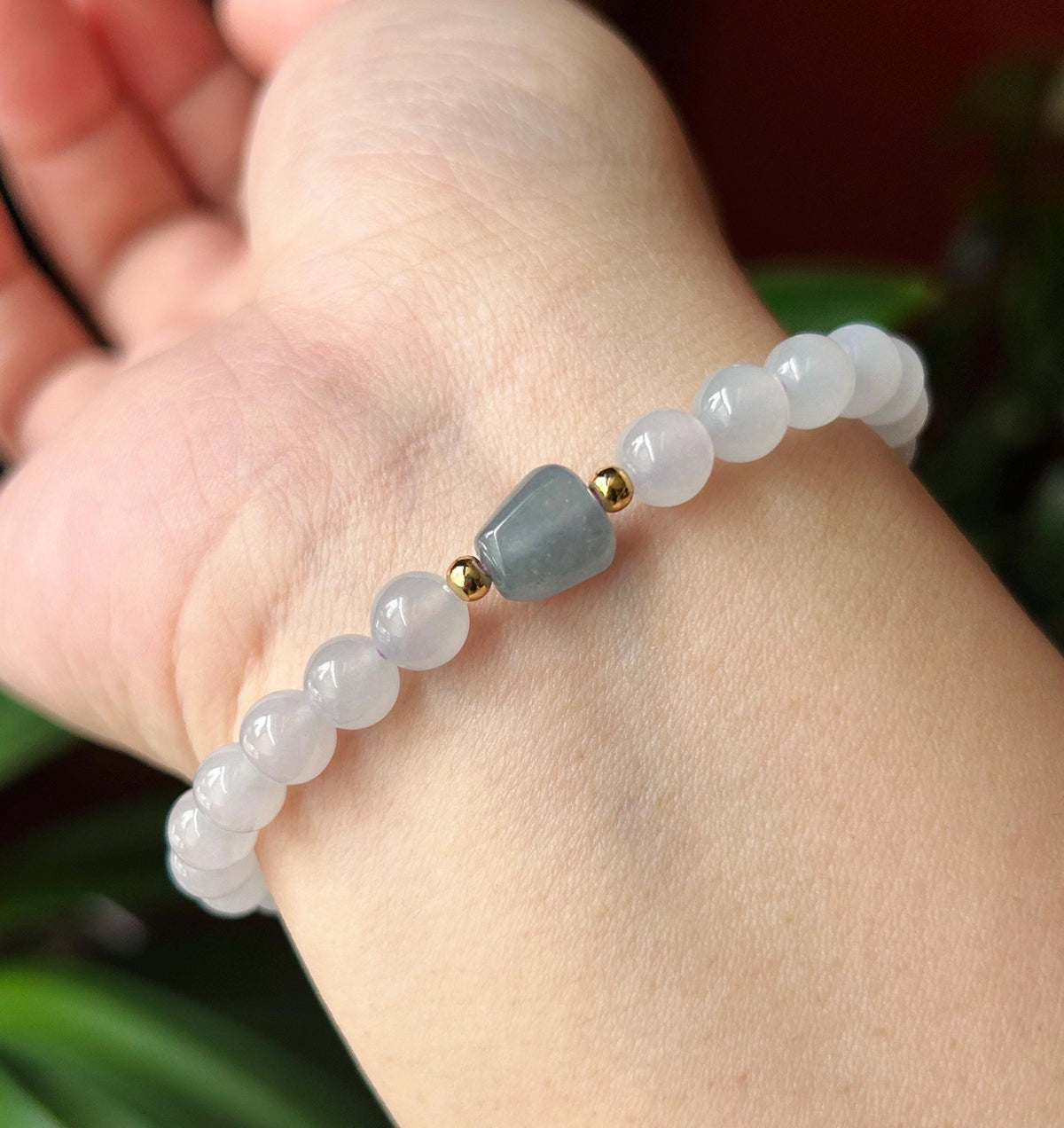Natural Burmese Jadeite Bracelet Type A, Highly Translucent Icy Pale Blue Lavender Jade, 6.7mm Beads, Blueberry Color Freeform Focal Bead