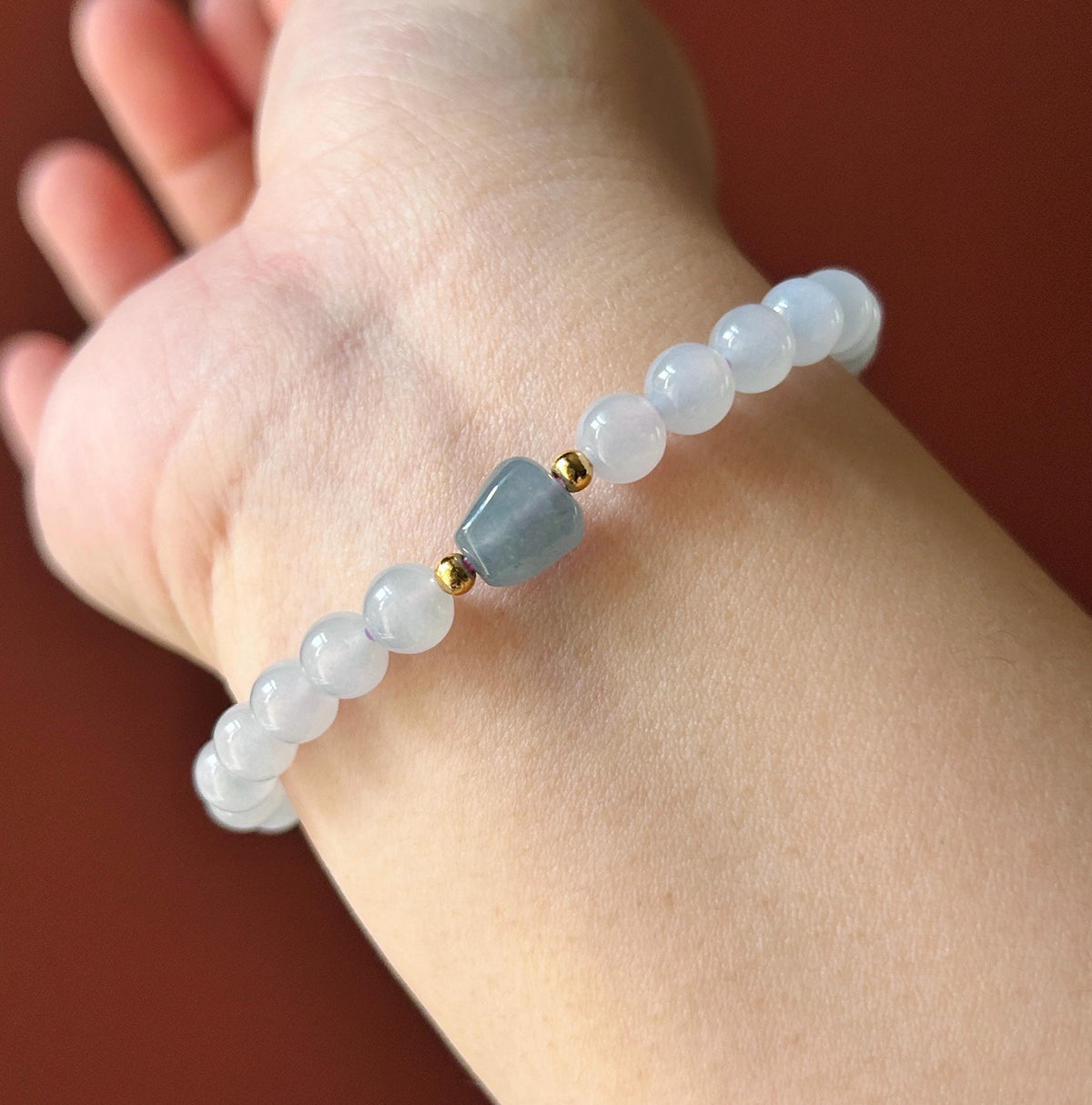 Natural Burmese Jadeite Bracelet Type A, Highly Translucent Icy Pale Blue Lavender Jade, 6.7mm Beads, Blueberry Color Freeform Focal Bead