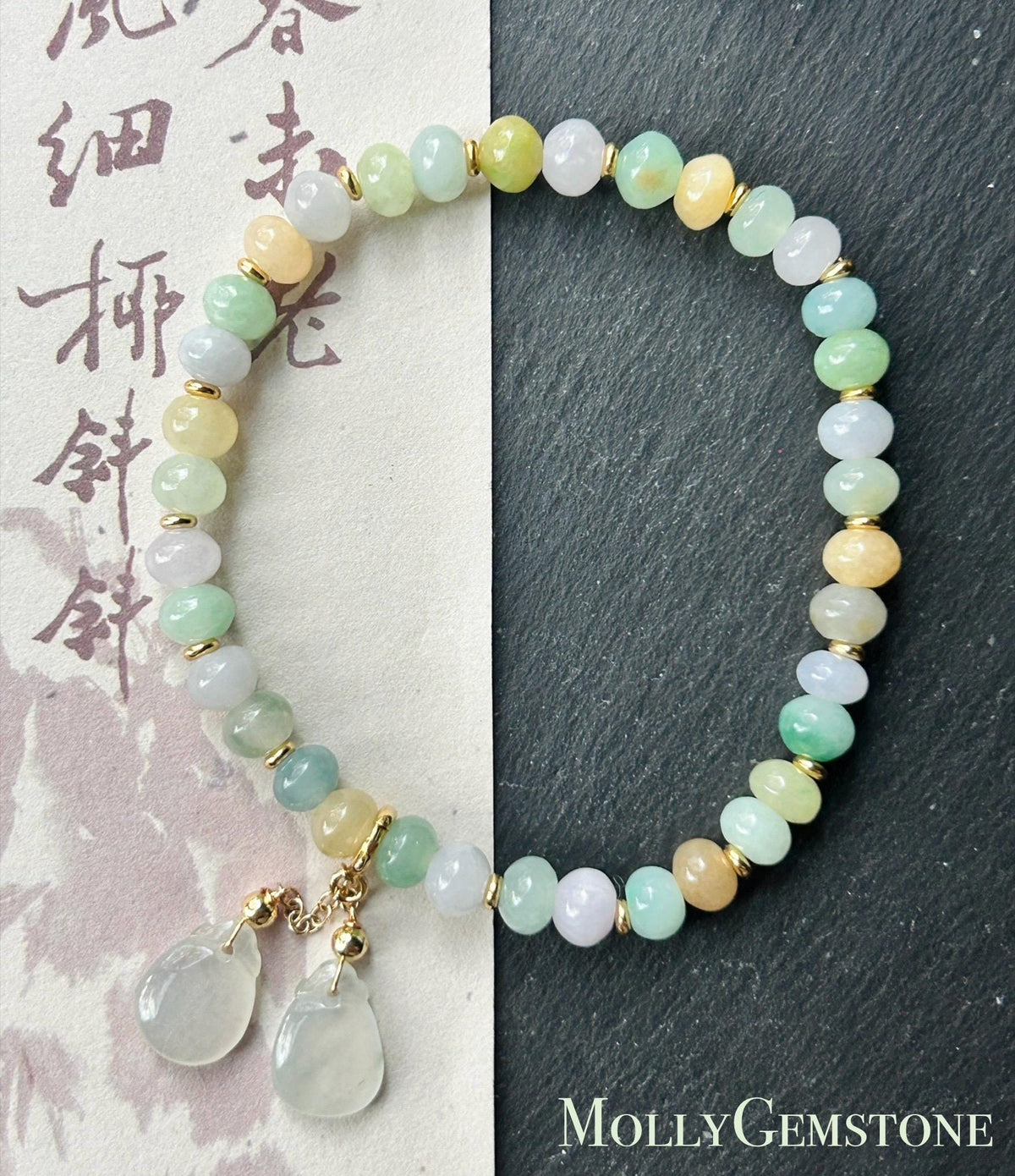 Natural Burmese Jadeite Bracelet Type A, Translucent Icy Pastel Multicolor Jade, 6mm Rondelle Beads, Money Bag Charm