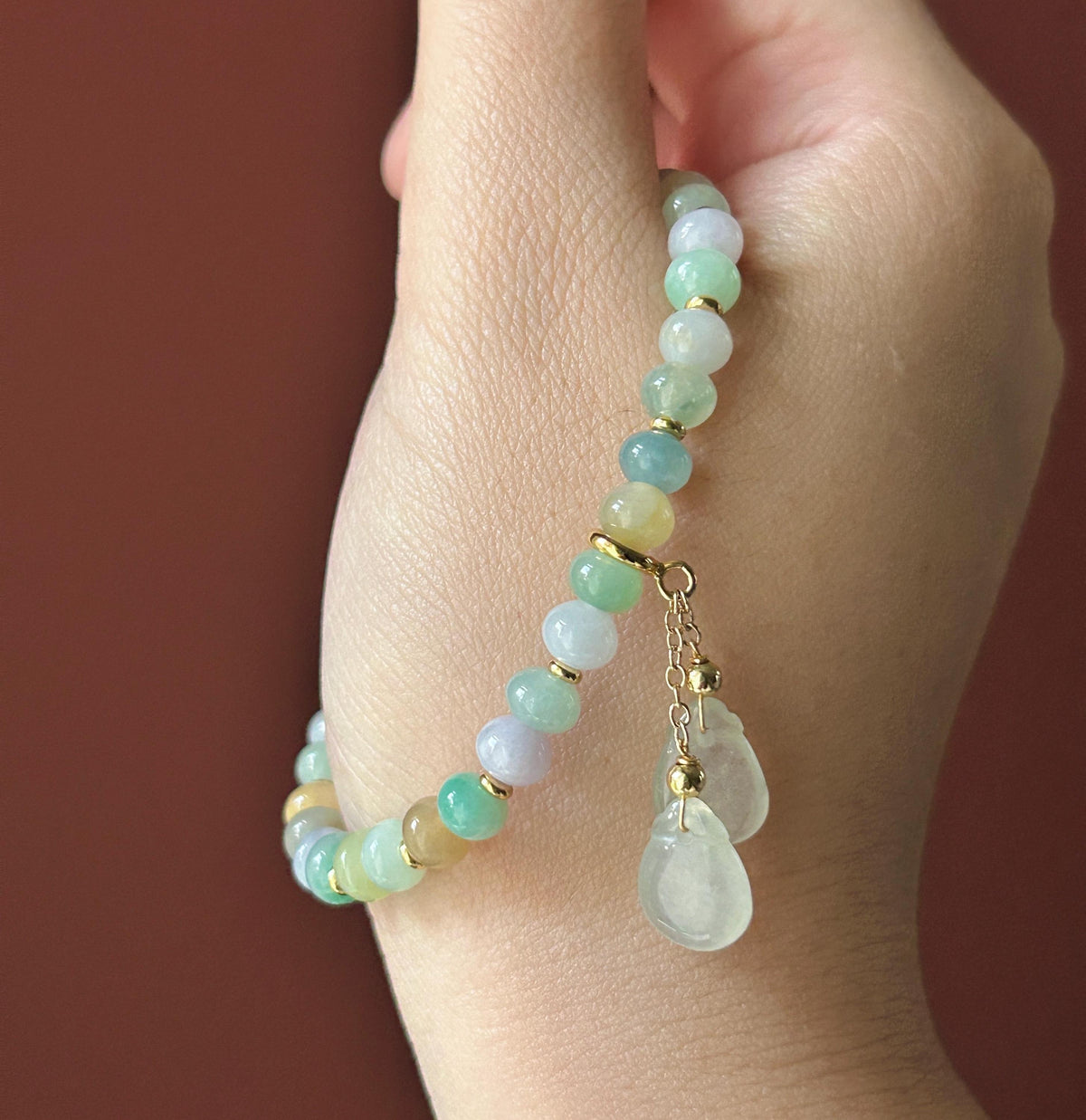 Natural Burmese Jadeite Bracelet Type A, Translucent Icy Pastel Multicolor Jade, 6mm Rondelle Beads, Money Bag Charm