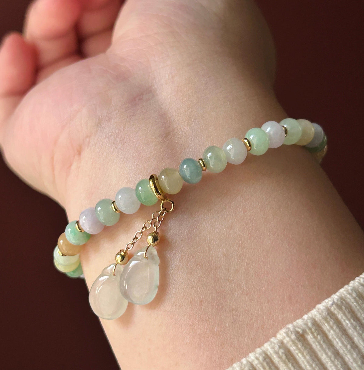 Natural Burmese Jadeite Bracelet Type A, Translucent Icy Pastel Multicolor Jade, 6mm Rondelle Beads, Money Bag Charm