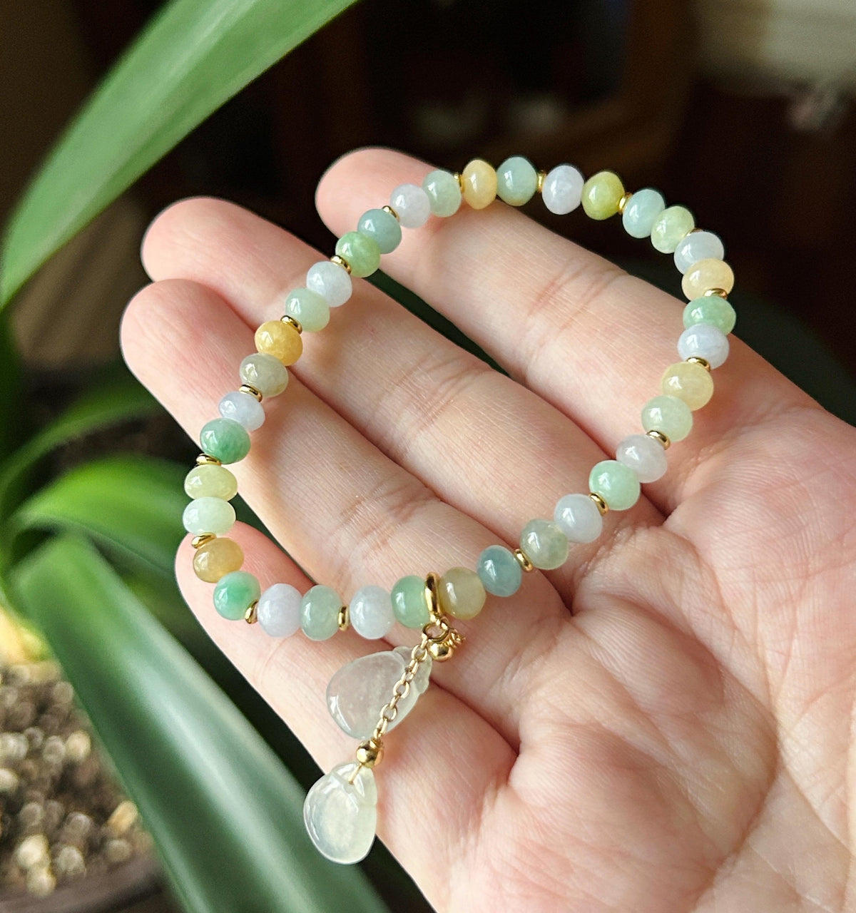 Natural Burmese Jadeite Bracelet Type A, Translucent Icy Pastel Multicolor Jade, 6mm Rondelle Beads, Money Bag Charm