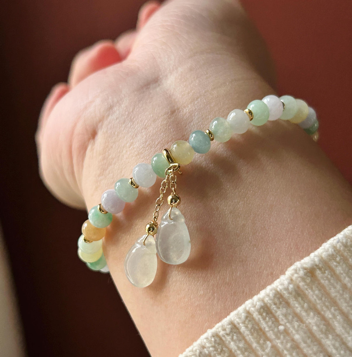 Natural Burmese Jadeite Bracelet Type A, Translucent Icy Pastel Multicolor Jade, 6mm Rondelle Beads, Money Bag Charm