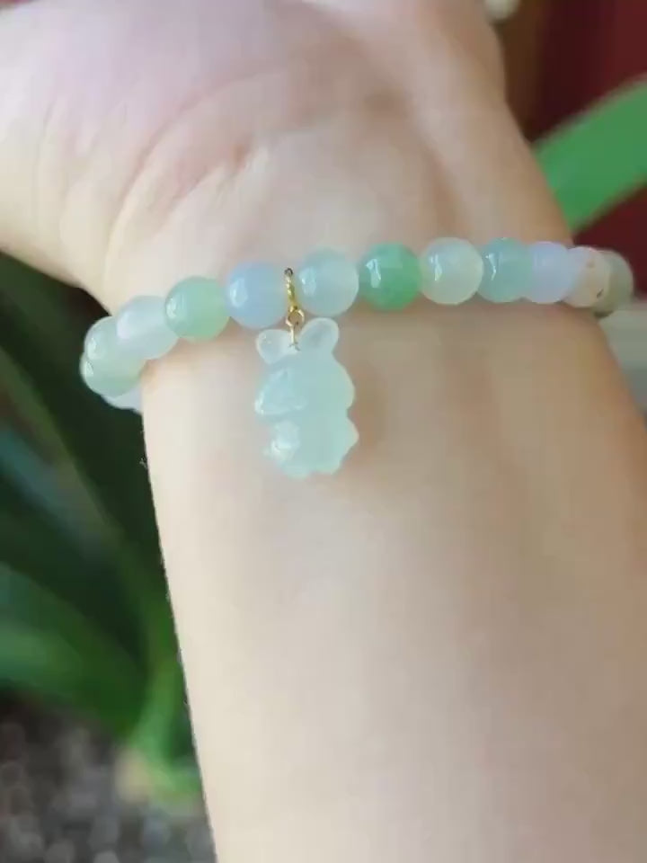 Natural Jadeite Beaded Bracelet Burmese Type A Highly Translucent Icy Macaron Multicolor Jade 6.7mm Minimalist Jewelry Bunny Charm