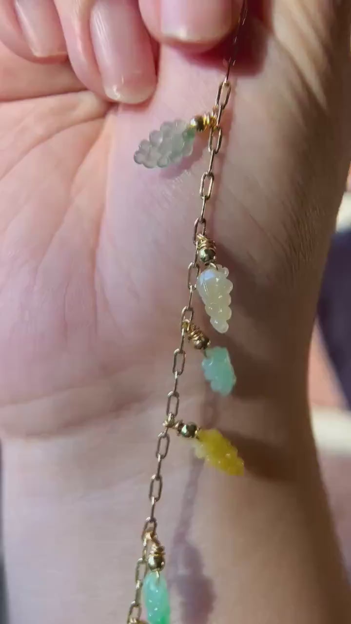 Certified Natural Jadeite Grapes & 18k Gold Plated Brass Handmade Bracelet/Anklet - Burmese Type A High Translucency Multicolor Jade