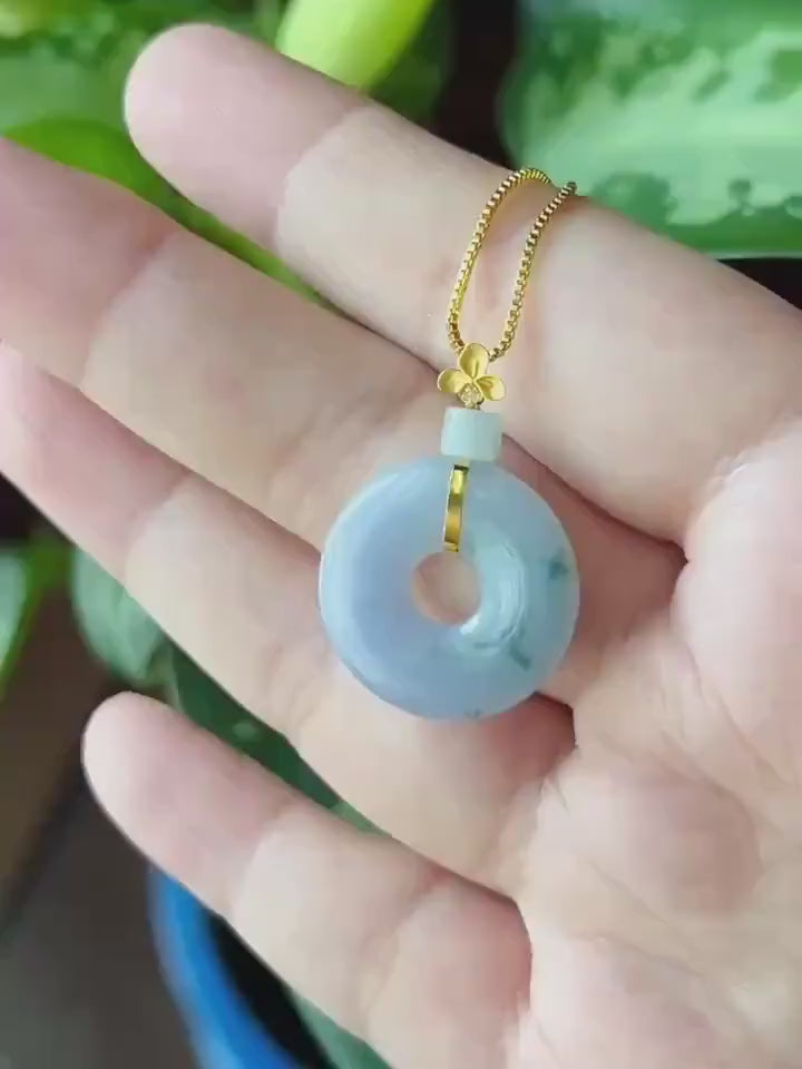 Natural Jadeite Donut Pendant Burmese Type A Icy Translucent Lavender with Blue Floral| Monet Garden Jade| 18k Solid Gold