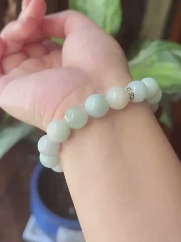 Natural Jadeite Beaded Bracelet Burmese Type A Untreated Fine Glutinous Macaron Pale Aqua Blue & Light Green Jade 12mm BIG Beads
