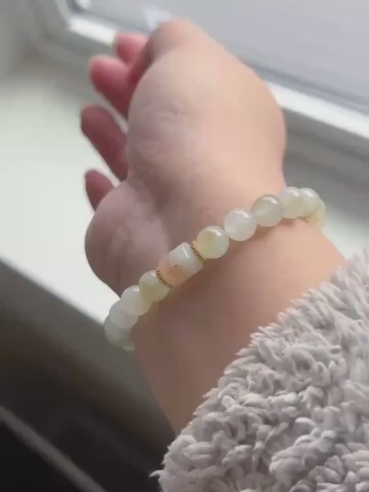 Natural Jadeite Beaded Bracelet | Burmese Type A Highly Translucent Icy Yellow & Red Floral 7.8mm | Minimalist Jewelry