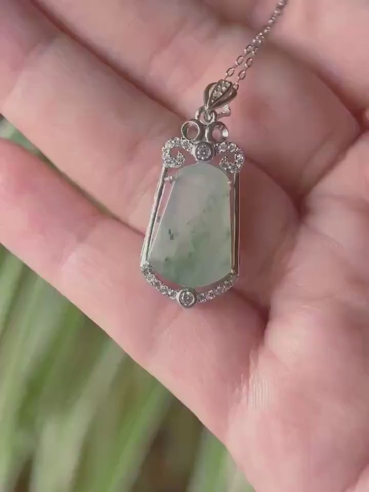 Jadeite Jade Pendant Sterling Silver Necklace Jewelry Gift for Her Burmese Untreated Type A Highly Translucent Icy Blue Green Floral Jade