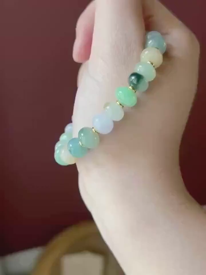 Natural Jadeite Beaded Bracelet Burmese Type A Highly Translucent Fine Icy Multicolor Floral Jade 9mm Minimalist Jewelry