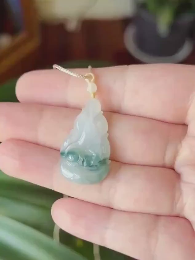 Natural Jadeite Nine-Tail-Fox Pendant - Burmese Type A Untreated Icy Translucent White Based Blue Floral Jade,  Adjustable Cord