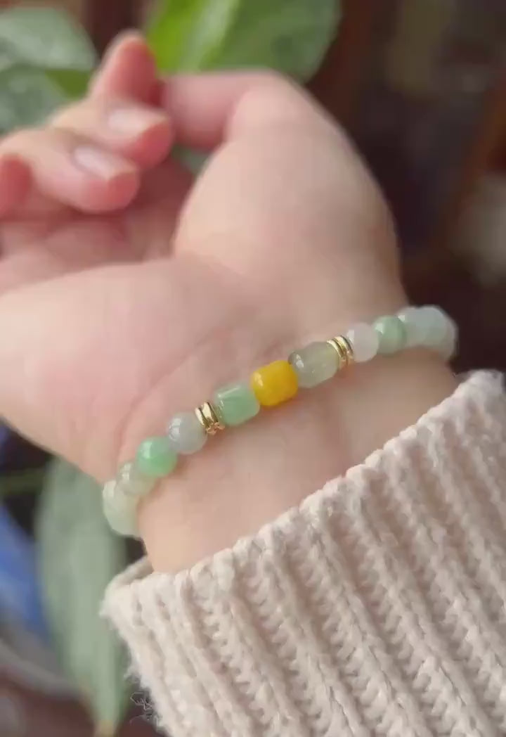 Natural Jadeite Beaded Bracelet |Burmese Type A Jade | 6mm White & Soft Green Ombre | Triple Barrel Centerpiece