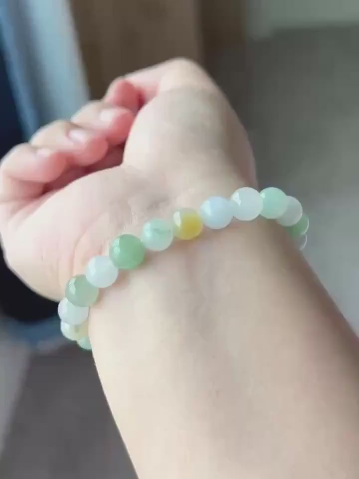 Natural Jadeite Beaded Bracelet, Burmese Type A Untreated Translucent Icy Glutinous Macaron Multicolor Jade, 8mm+