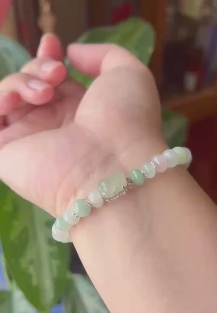 Natural Jadeite Multi-Color Beaded Bracelet | Macaron Style Burmese Type A Icy Translucent Jade | Pixiu Charm with Coin