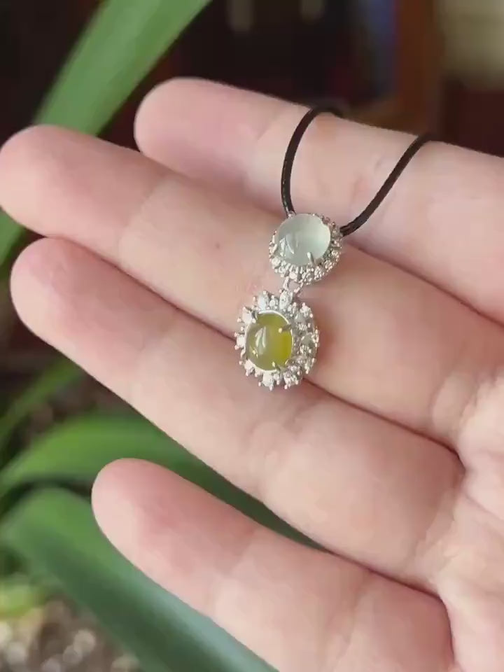 Certified Natural Jadeite Dual-Cabochon Pendant Burmese Type A Highly Translucent Icy Green Tea Yellow & White Jade in Sterling Silver