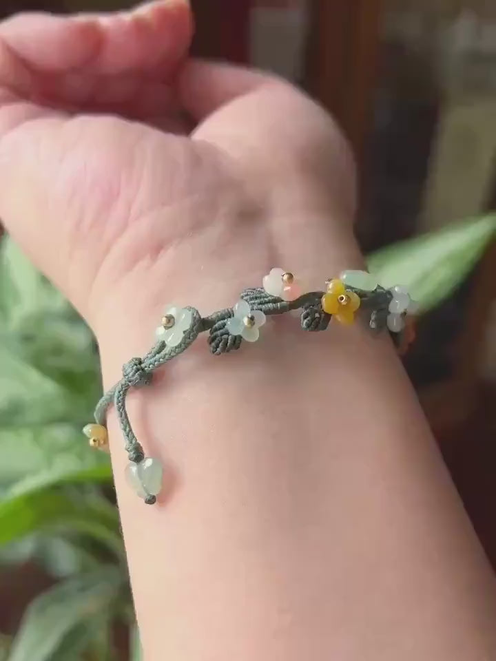 Natural Jadeite Butterfly Flower Bracelet Burmese Type A Highly Translucent Icy Multicolor Jade | Handwoven Artisan Botanical Jewelry