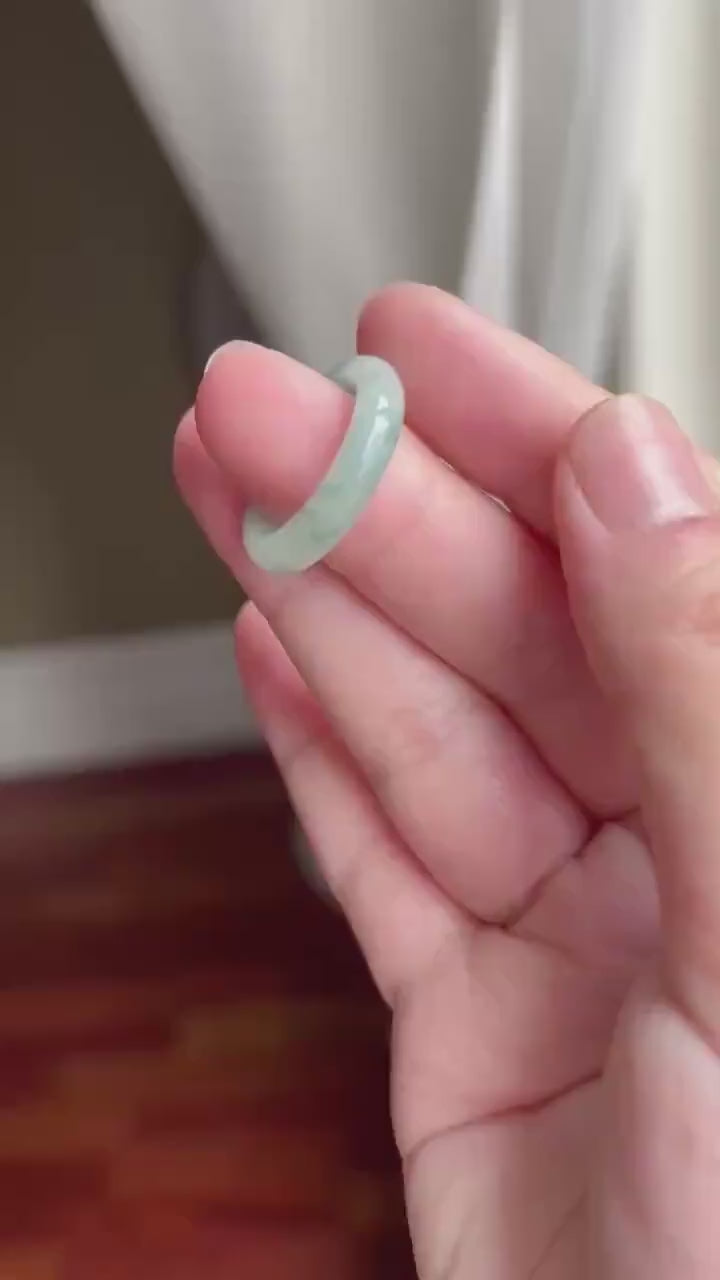 Certified Natural Jadeite Band Ring | Burmese Type A Icy White Base Blue Floral Jade US 8.5 - 18.5mm
