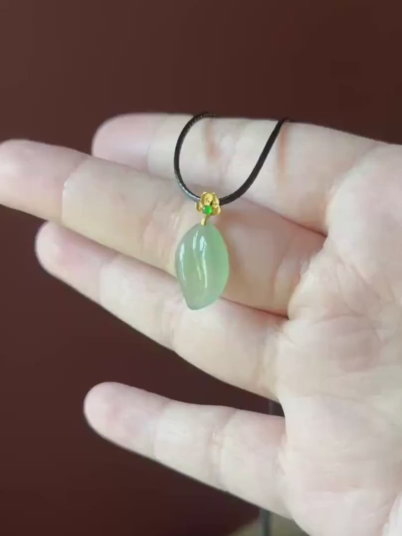 Certified Natural Jadeite Petite Leaf Pendant 18k Solid Gold Bail | Burmese Type A Highly Translucent Icy Mint Green Jade