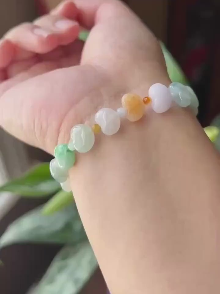 Natural Jadeite Beaded Bracelet Burmese Type A Icy Translucent Multicolor Heart Shaped Jade Beads 11mm