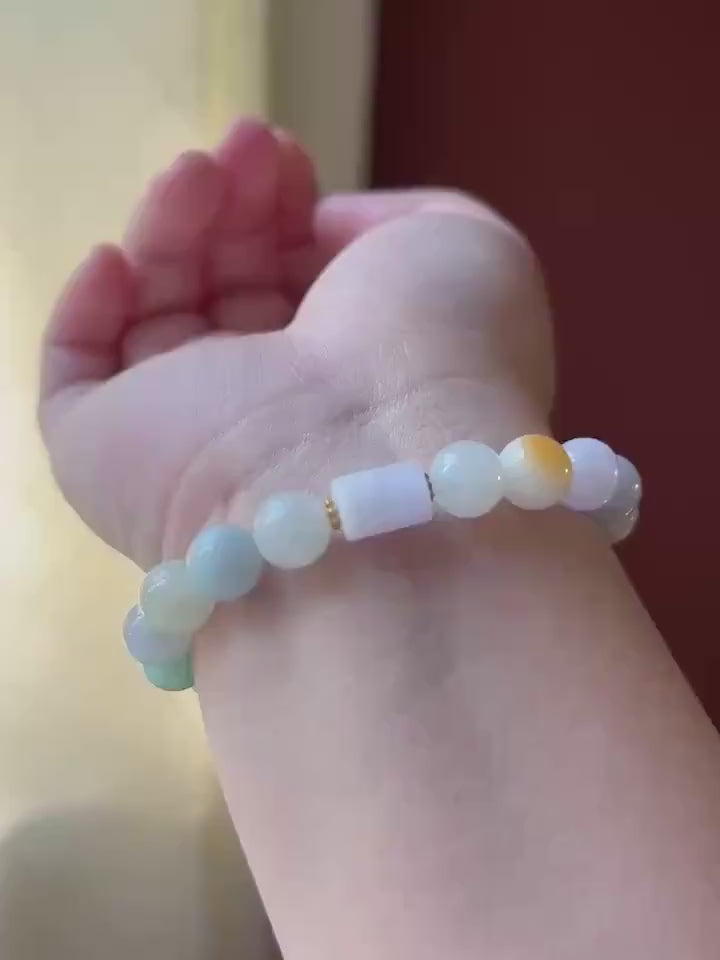 Natural Jadeite Beaded Bracelet Burmese Type A Untreated Fine Glutinous Icy Multicolor Jade 9.4mm Duobao