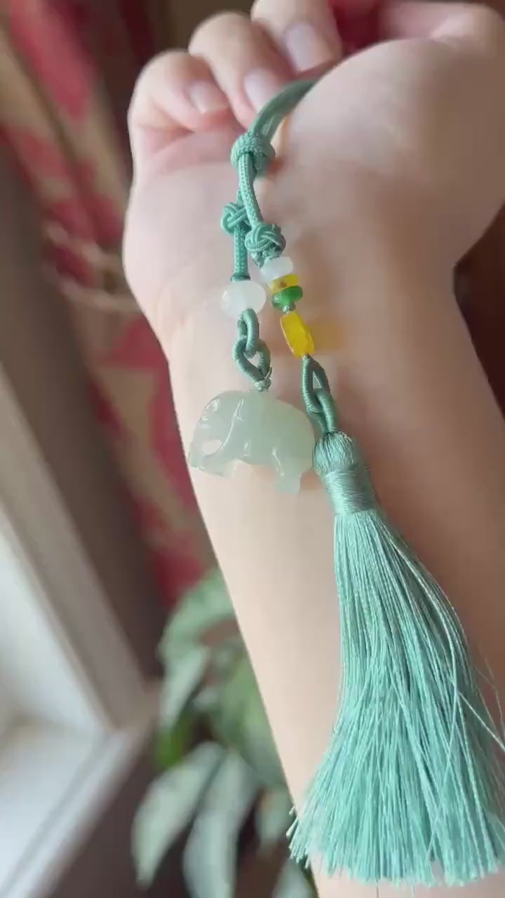Natural Burmese Jadeite Elephant Tassel Bag Charm Highly Translucent Type A Icy Green Jade Pendant, Oriental Lucky Accessory