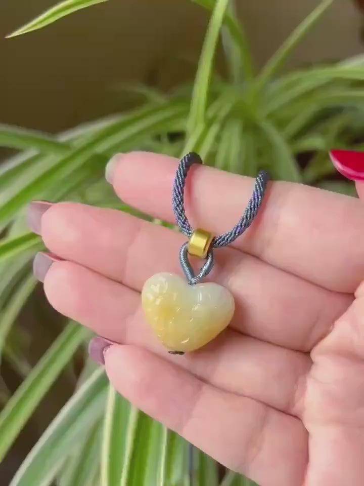 Jadeite Jade Heart Pendant Adjustable Necklace Handcrafted Gift for Her Burmese Authentic Untreated Type A Translucent Icy Yellow Jadeite