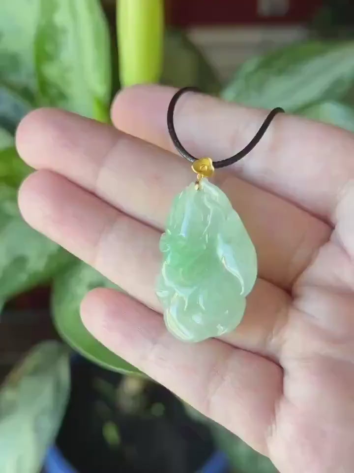 Natural Jadeite Nine Tail Fox Pendant 18k Solid Gold Bail | Burmese Type A Highly Translucent Icy Vivid Apple Minty Green Jade