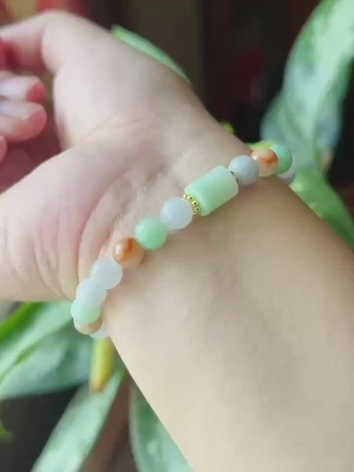 Natural Jadeite Beaded Bracelet, Burmese Type A Untreated Fine Glutinous Icy Multicolor Jade, 7mm