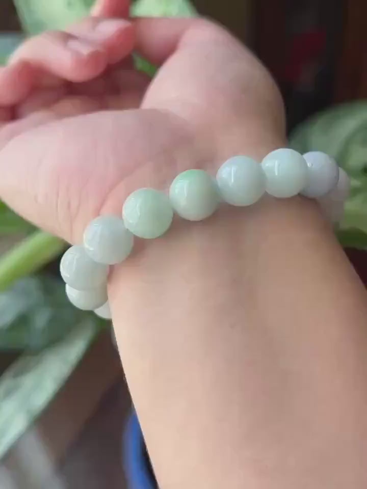 Natural Jadeite Beaded Bracelet Burmese Type A Untreated Icy Translucent Pastel Lavender & Green Gradient Jade 11.3mm BIG Beads