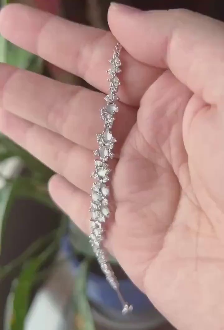 Certified Natural Jadeite Marquise Bracelet, Burmese Type A Superior Translucency Icy White Fine Jade in 925 Sterling Silver