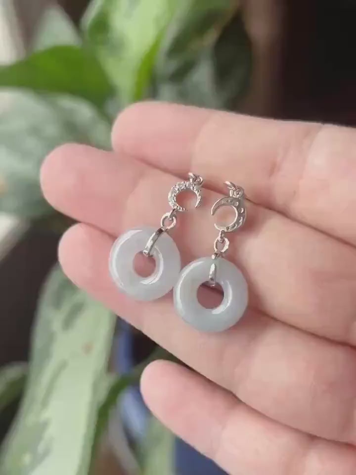 Natural Jadeite Lucky Donut Earrings: Burmese Type A Untreated Icy Translucent Light Lavender Blue Jade, Sterling Silver
