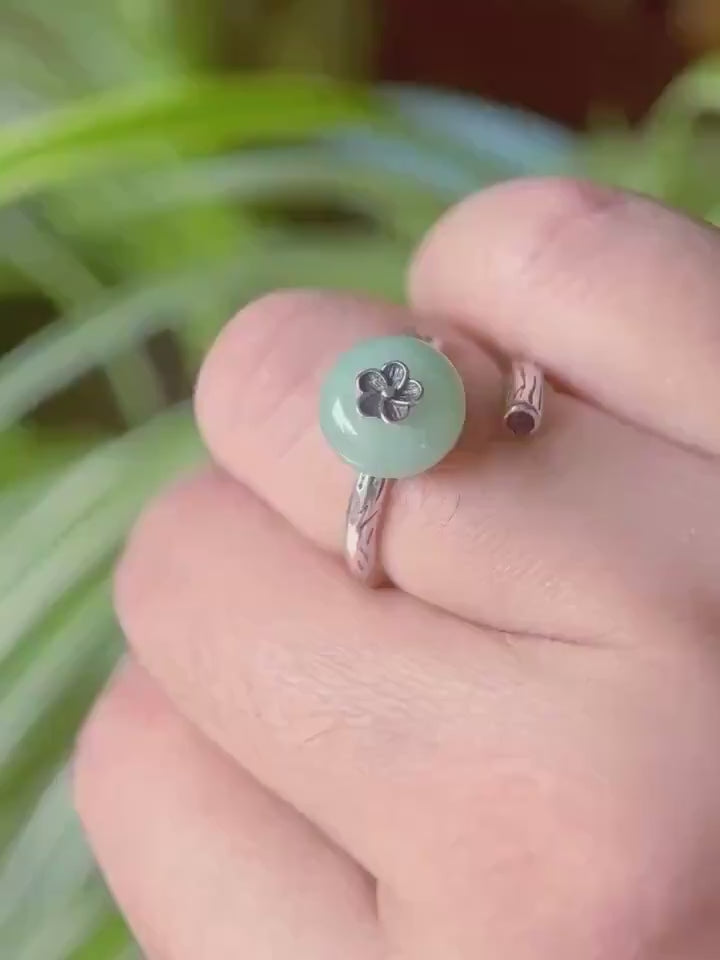 Natural Jadeite Jade Lucky Donut Ring Jewelry Gift for Her Burmese Type A Icy Gelatinous Green Peace Buckle Adjustable Sterling Silver Ring