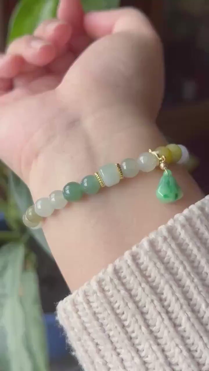 Natural Jadeite Beaded Bracelet Jewelry Burmese Type A Gelatinous Icy Translucent White, Green, Honey Yellow Jade 7.5mm